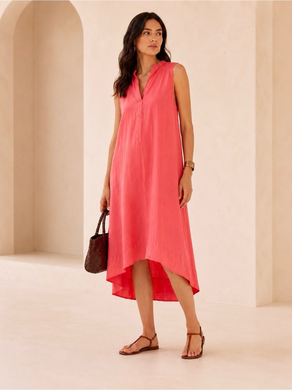 Rosemarine Italian Linen High Low Midi Dress Coral Resort Sz 2X